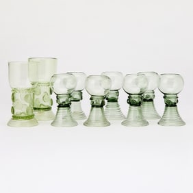 Six Dutch Green Glass Roemers and Pair of Glasses