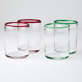 Set of Twenty Three Italian Murano Green and Red Rimmed Glass Tumblers