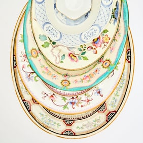 Five Porcelain and Pottery Oval Platters and Well and Tree Platters