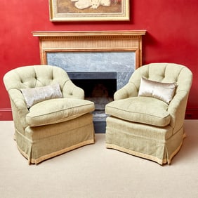 Pair of Green Upholstered Button-Tufted Club Chairs