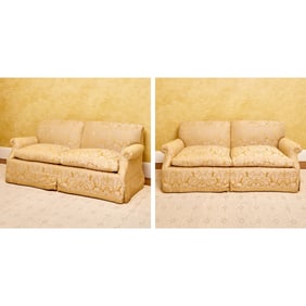 Pair of Yellow Silk Damask Upholstered Two-Seat Sofas