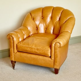 Victorian Style Brown Leather-Upholstered Button-Tufted Club Chair