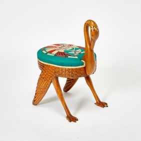 Egyptian Revival Style Carved Walnut Upholstered Stool