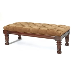Victorian Style Button-Tufted Suede-Upholstered Mahogany Bench