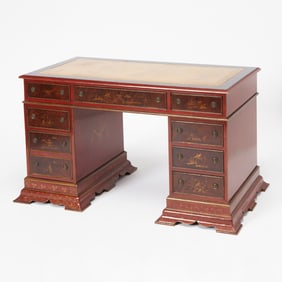 George III Style Gilt-Tooled Brown Leather-Lined Mahogany and Red Lacquered Pedestal Desk