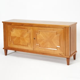 Modernist Parquetry Inlaid Blonde Wood Two-Door Side Cabinet