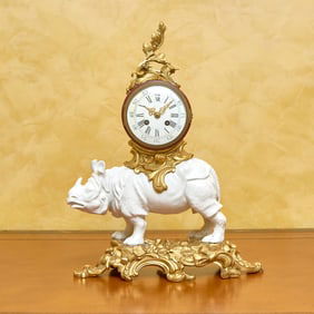 Louis XV Style Gilt-Bronze Mounted Porcelain Rhinoceros-Form Mantel Clock