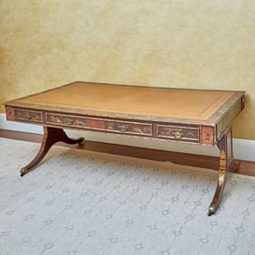 Regency Faux Bamboo, Lacquer and Gilt-Tooled Brown Leather Lined Writing Table