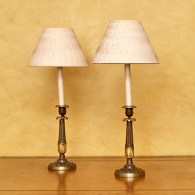 Pair of Neoclassical Style Gilt and Patinated Bronze Candlestick Lamps