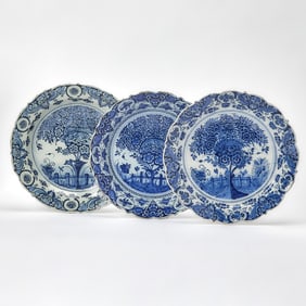Three Similar Delft Blue and White "Theeboom" Pattern Chargers