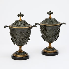 Pair of Italian Neoclassical Style Gilt and Patinated Bronze Covered Urns