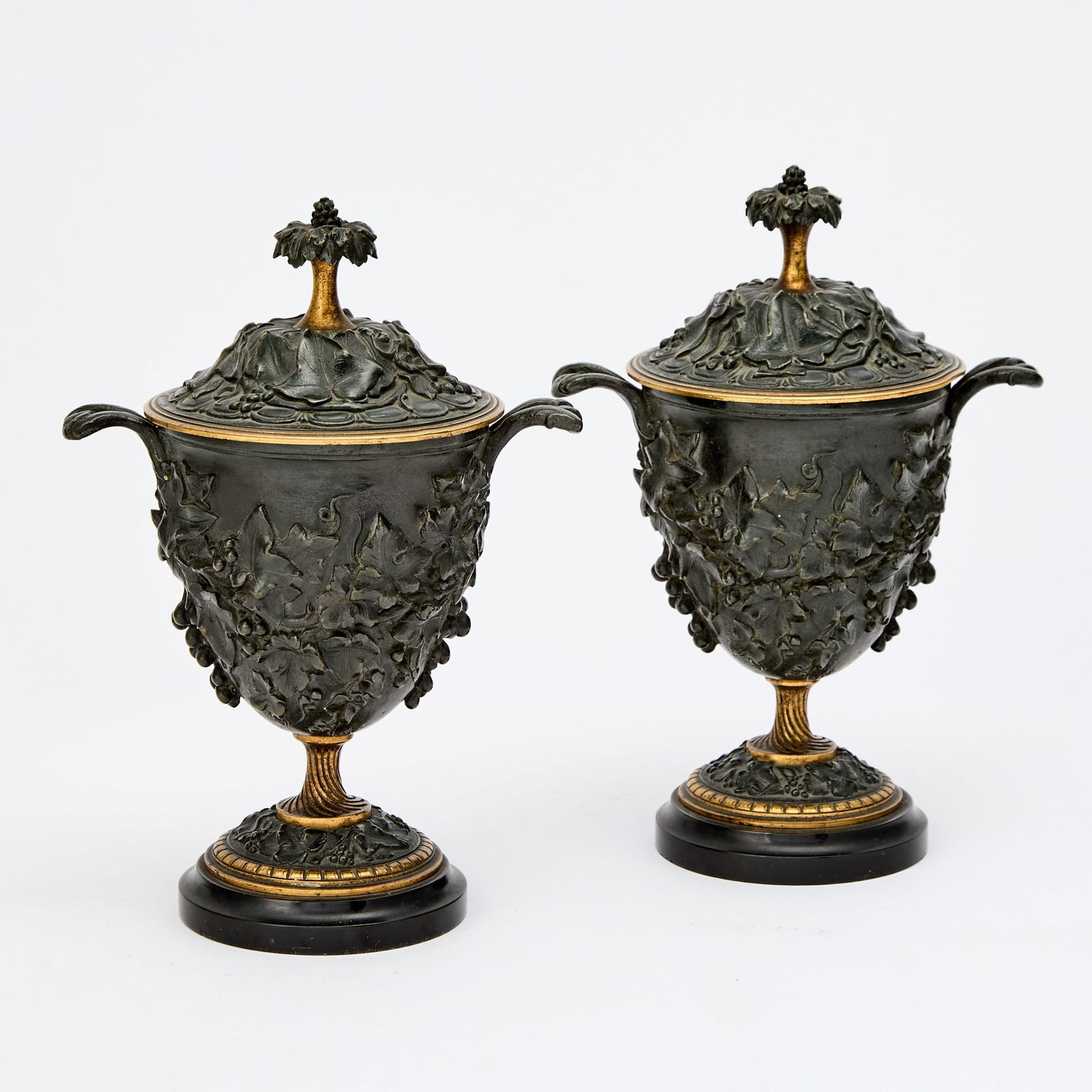Pair of Italian Neoclassical Style Gilt and Patinated Bronze Covered Urns (1 of 3)