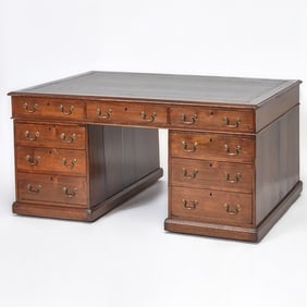 George III Gilt-Tooled Green Leather-Lined Mahogany Pedestal Partner's Desk