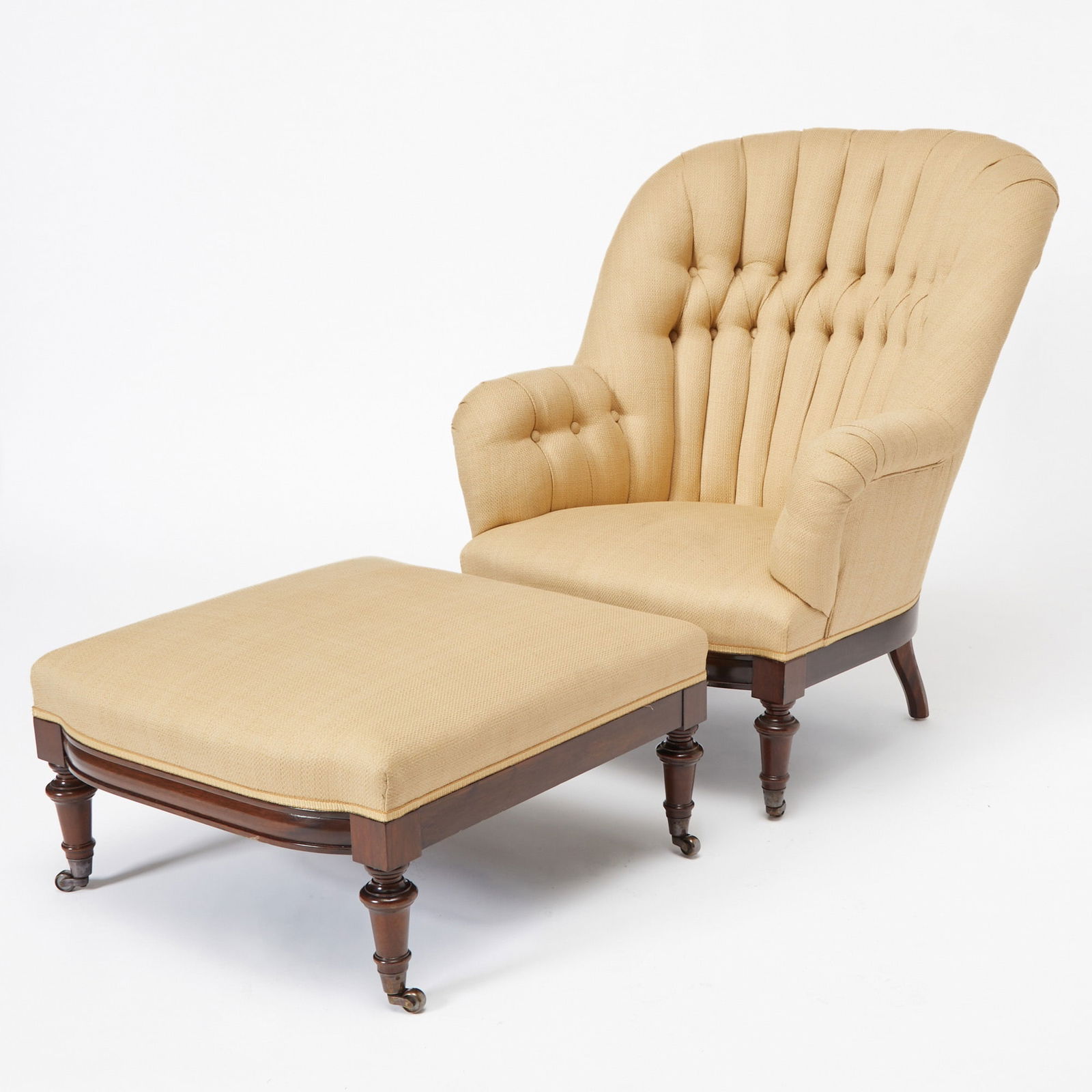Victorian Style Button-Tufted Upholstered Mahogany Club Chair and Ottoman (1 of 3)