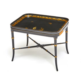 Victorian Gilt and Black Lacquered Papier Mâché Tray on Later Stand