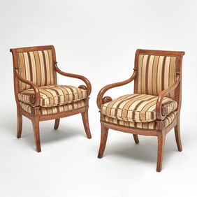 Pair of Empire Upholstered Carved Fruitwood Armchairs