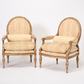 Pair of Louis XVI Style Painted and Parcel-Gilt Fauteuils à la Reine