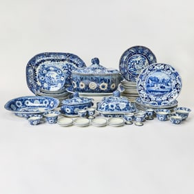 Assembled Staffordshire Pottery Blue and White Transfer Decorated "Zebra" Pattern Part Dinner