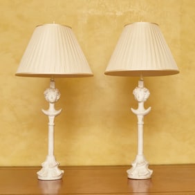 Pair of “Tête de Femme” Style Plaster Lamps