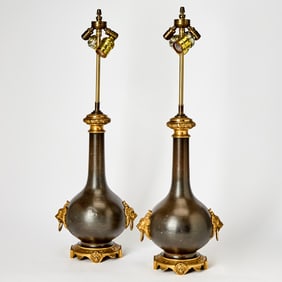Pair of Gilt-Bronze-Mounted Patinated Metal Lamps