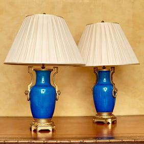 Pair of French Louis XVI Style Gilt-Bronze Mounted Blue Porcelain Vases
