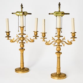 Pair of Empire Style Gilt-Bronze Three-Light Candelabra