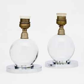 Pair of Jaques Adnet Style Baccarat Glass and Chromed Metal Lamps