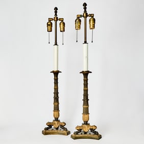 Pair of Charles X Style Gilt and Patinated Bronze Candlestick Lamps