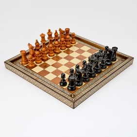 Anglo-Indian Bone, Box Wood and Fruitwood Inlaid Chess Board