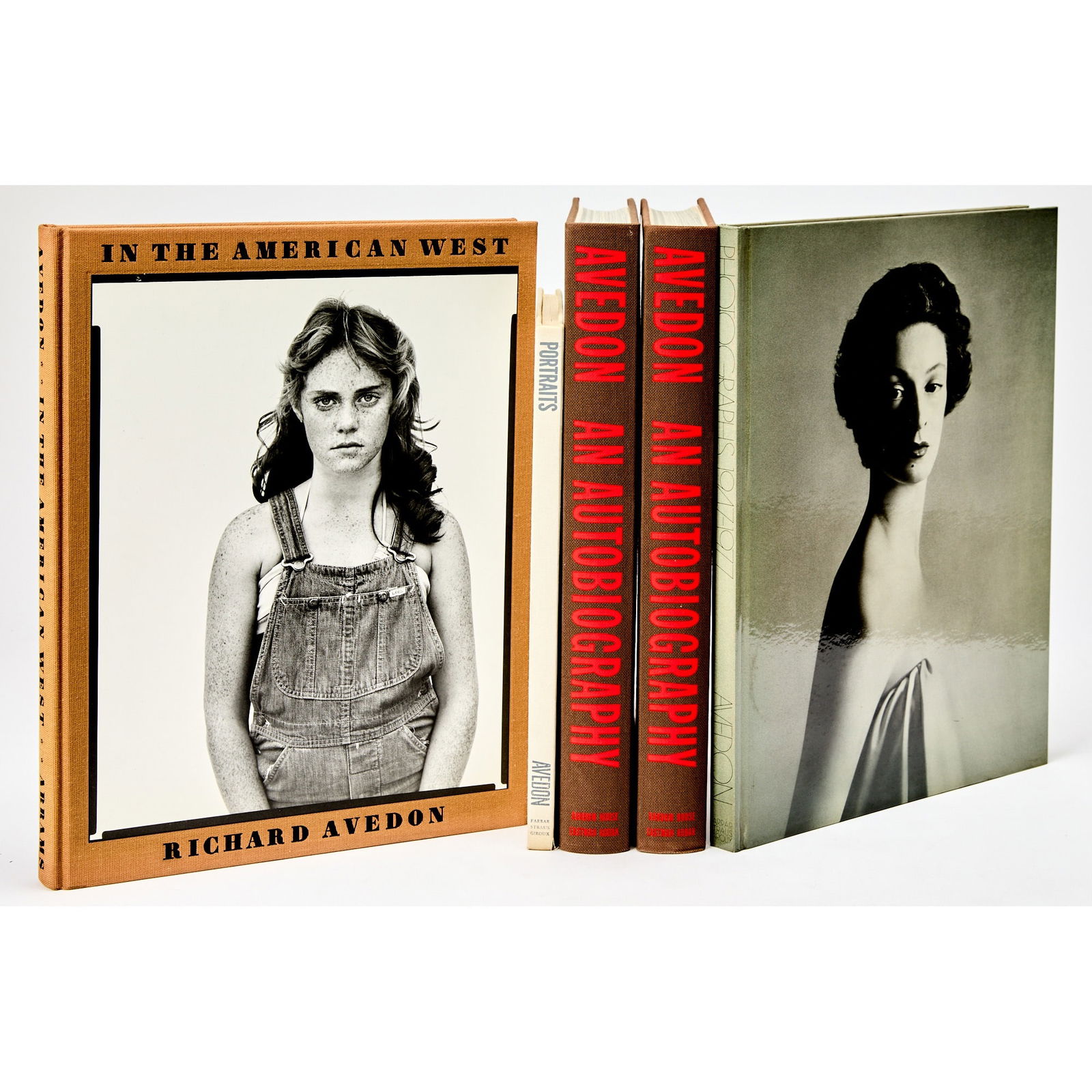 Richard Avedon monographs, four signed and two inscribed to Jane Stanton Hitchcock: AVEDON, RICHARD Comprising: In The American West. New York, Harry N. Abrams, 1985. Inscribed to Jane Stanton Hitchcock. Avedon: Photographs, 1947-1977. New York