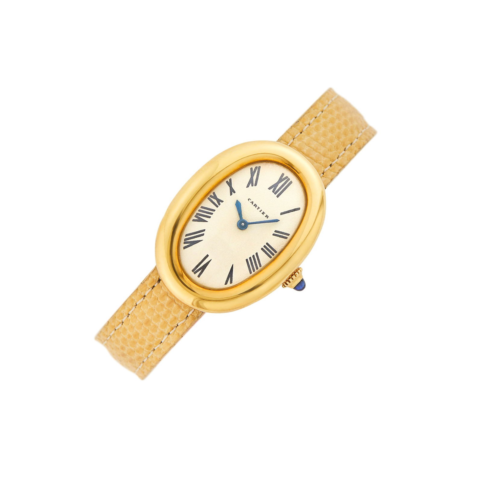 Cartier Gold 'Baignoire' Wristwatch, France: 18 kt., mechanical, oval off-white dial, black Roman numerals, blued steel hands, case dia. ap. 24 x 32 mm., taupe leather strap, gold deployant clasp, dial and movement signed Cartier, Swiss, case no