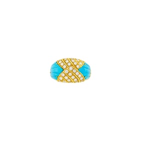Gold, Carved Turquoise and Diamond Ring