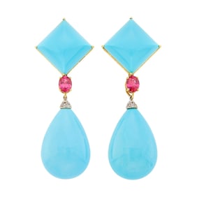 Paolo Costagli Pair of Two-Color Gold, Turquoise, Pink Spinel and Diamond Pendant-Earclips