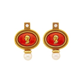 Elizabeth Gage Pair of Gold, Red Guilloché Enamel, Cultured Pearl and Diamond Earclips