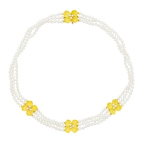 Tiffany & Co. Triple Strand Cultured Pearl and Diamond 'Tiffany Classics Dogwood' Necklace
