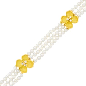 Tiffany & Co. Triple Strand Cultured Pearl, Gold and Diamond 'Tiffany Classics Dogwood' Bracelet