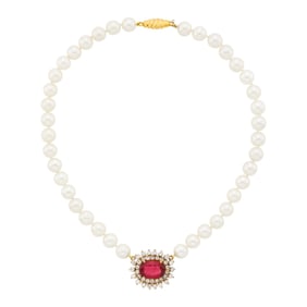 Cultured Pearl, Gold, Rubellite and Diamond Pendant-Necklace