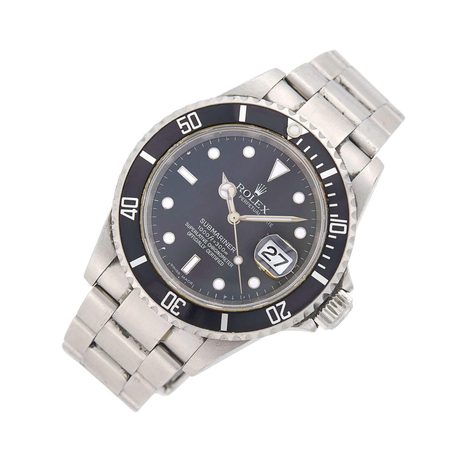Rolex Gentleman's Stainless Steel 'Submariner Date' Wristwatch, Ref. 16610: Automatic, round black dial, luminous white triangle, bar and dot markers and hands, sweep seconds, date aperture, rotating black bezel, logo crown, sapphire crystal with cyclops, case dia. ap. 40 mm.