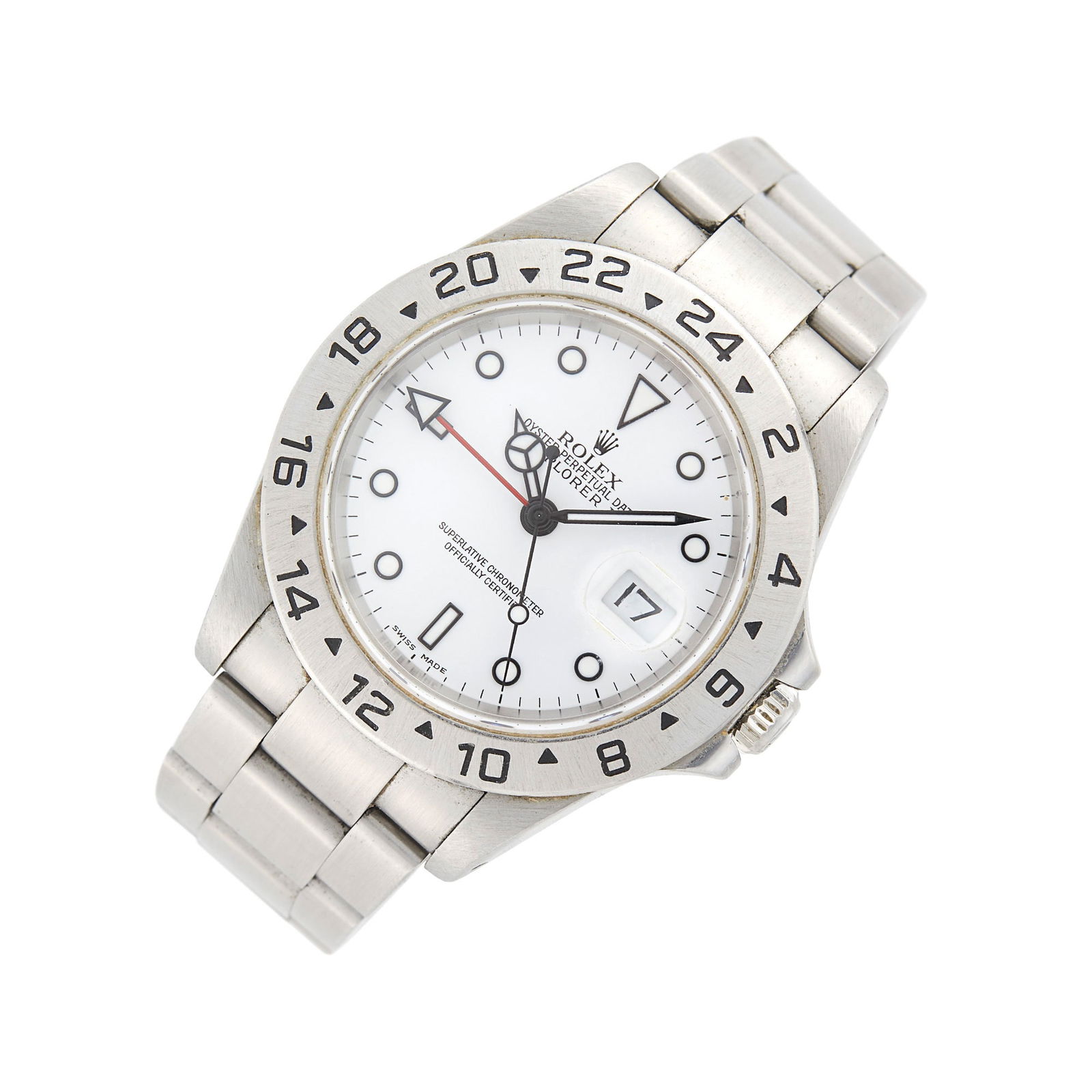 Rolex Gentleman's Stainless Steel 'Explorer II' Wristwatch, Ref. 16570: Automatic, round white dial, luminous white triangle, bar and dot markers, hands and sweep seconds outlined in black, date aperture, 24 hour GMT hand and rotating bezel, logo crown, sapphire crystal w