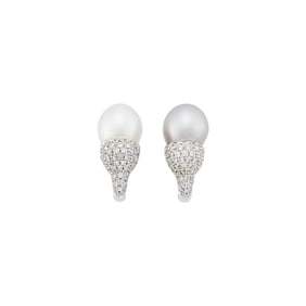 Pair of White Gold, South Sea and Tahitian Gray Cultured Pearl and Diamond Earrings
