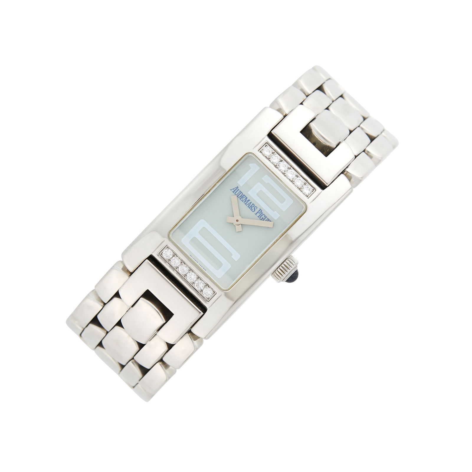 Audemars Piguet Stainless Steel and Diamond 'Promesse' Wristwatch: Quartz, rectangular light green dial, light blue Arabic '12' and '6', steel hands, case dia. ap. 36.0 x 20.0 mm., 12 round diamonds ap. .30 ct., five-row oval and bar link bracelet, double deployant c