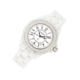 Chanel White Ceramic, Stainless Steel and Diamond 'J12' Wristwatch