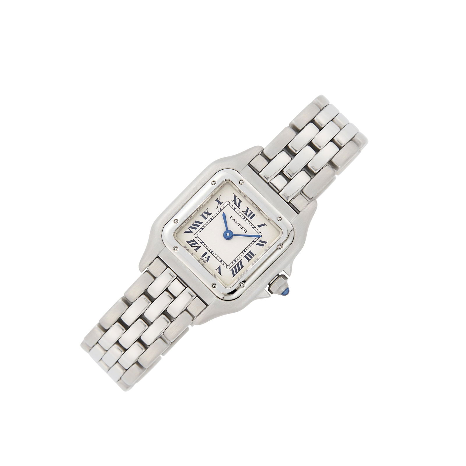 Cartier Stainless Steel 'Panthère' Wristwatch: Quartz, square off-white dial, black Roman numerals, inner railroad track indicator, blued steel hands, polished and matte case, case dia. ap. 22 mm., five-row polished and matte bar link bracelet, si