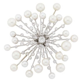 White Gold, Cultured Pearl and Diamond Starburst Brooch