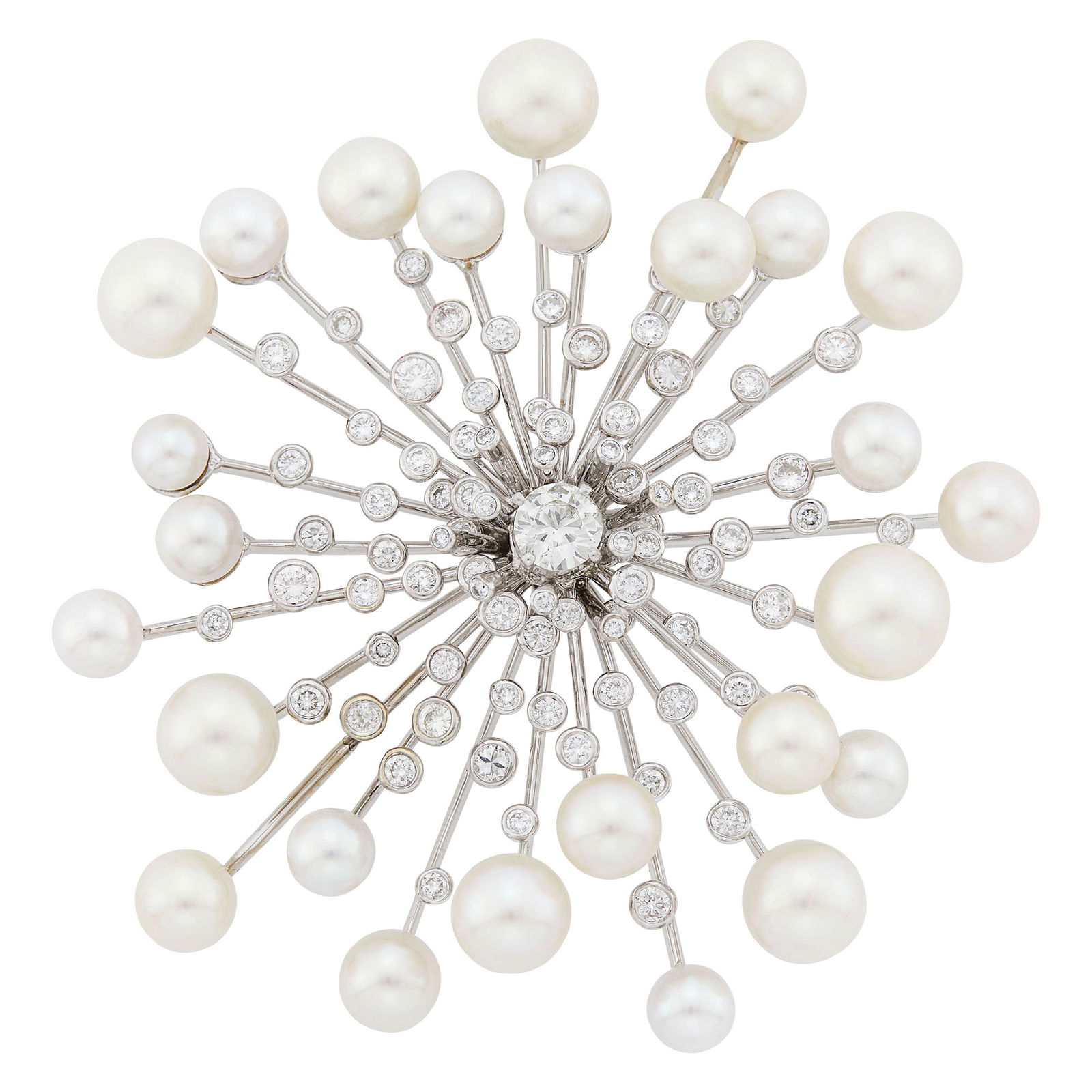 White Gold, Cultured Pearl and Diamond Starburst Brooch (1 of 1)