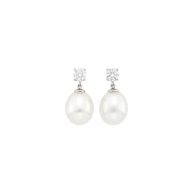 Pair of Platinum, White Gold, South Sea Cultured Pearl and Diamond Pendant-Earrings