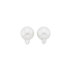 Pair of White Gold, South Sea Cultured Pearl and Diamond Earclips
