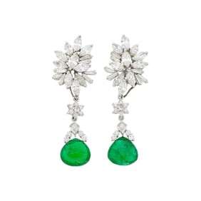Pair of White Gold, Diamond and Emerald Bead Pendant-Earrings