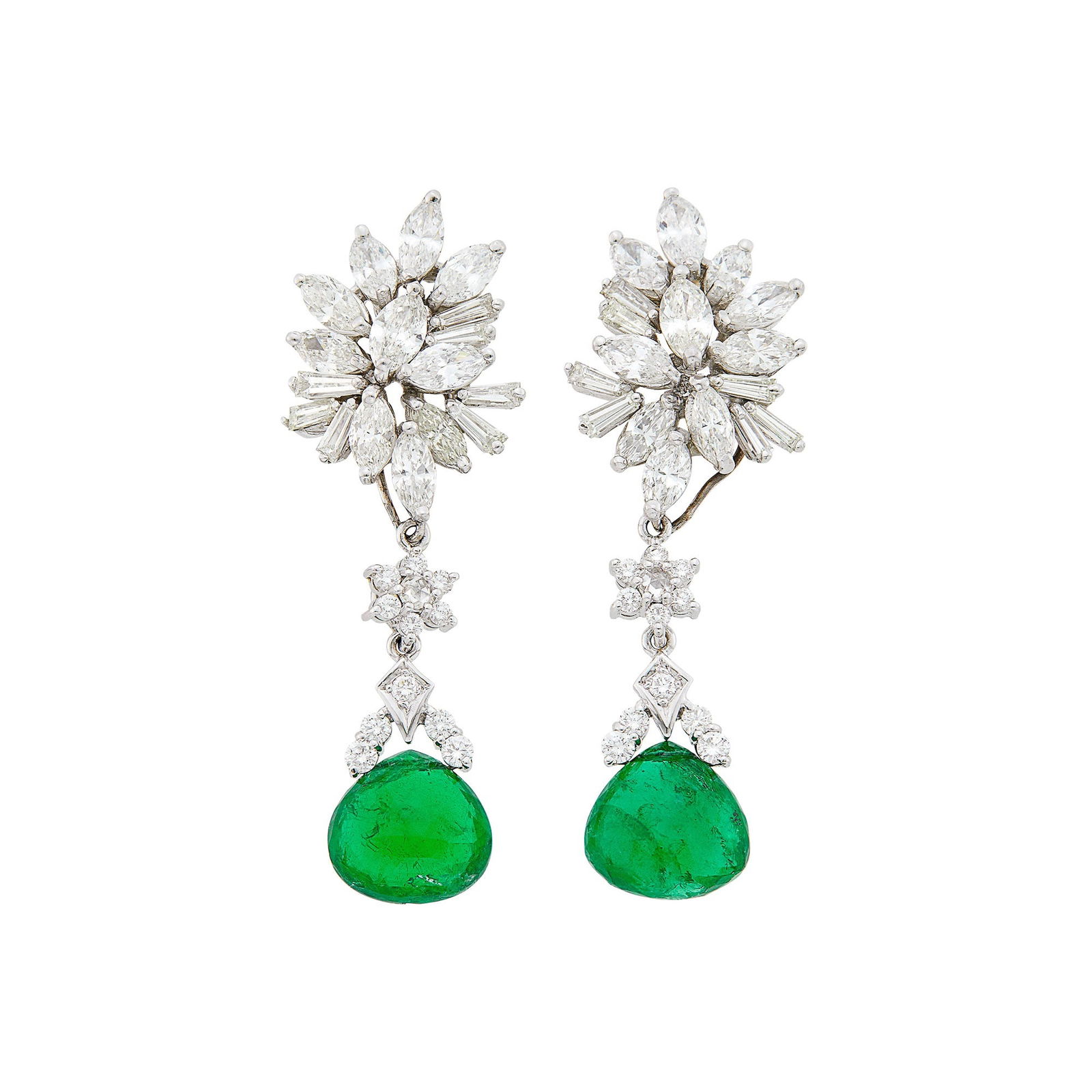 Pair of White Gold, Diamond and Emerald Bead Pendant-Earrings (1 of 1)