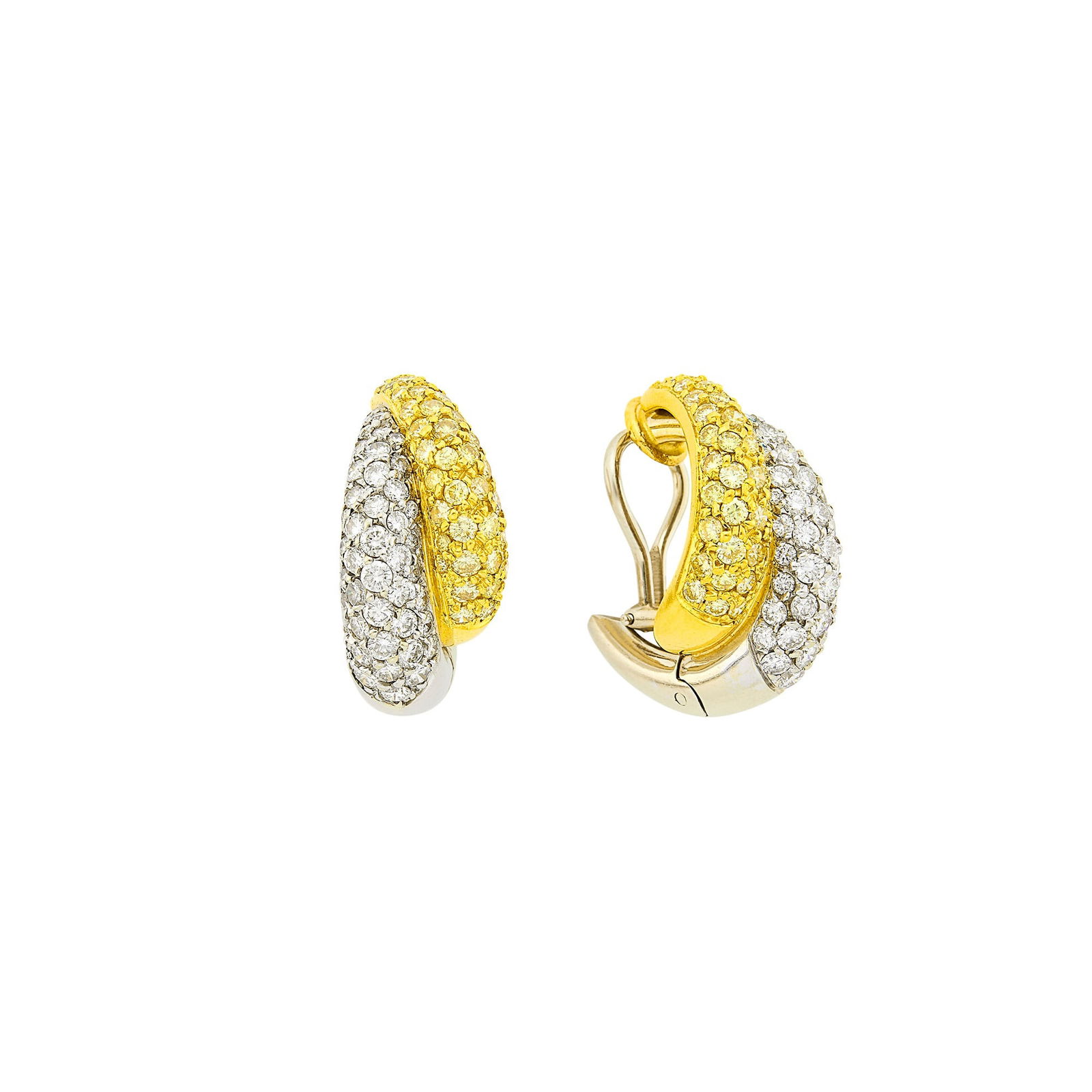 Pair of Two-Color Gold, Colored Diamond and Diamond Hoop Earclips (1 of 1)